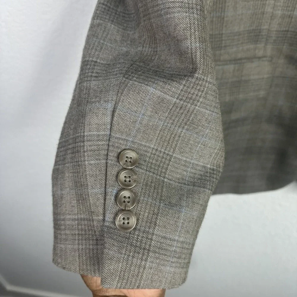 Pronto Uomo Blazer Mens 46R Brown Blue Plaid Glen‎ Check Wool Blend Sportcoat